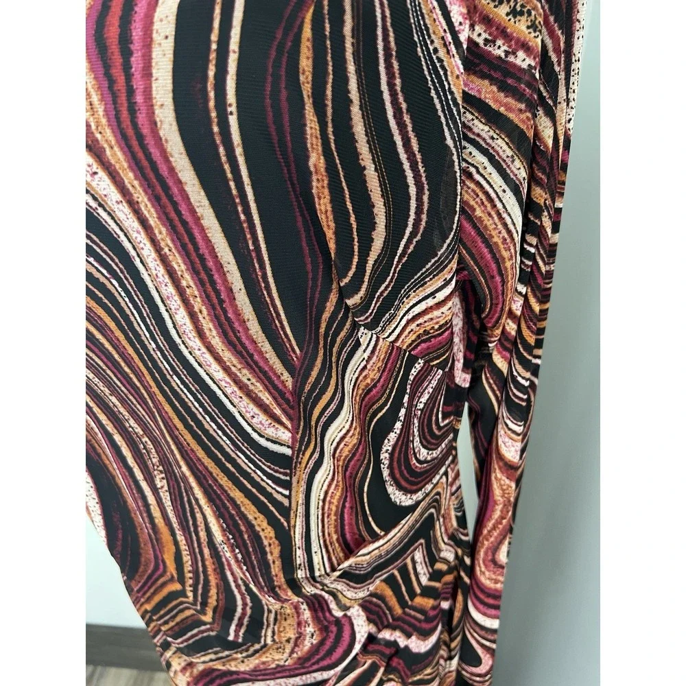 Nine West 2X Sheer Sleeves Overlay Ripple Midi Dress Ruched‎ Waist Pink Black